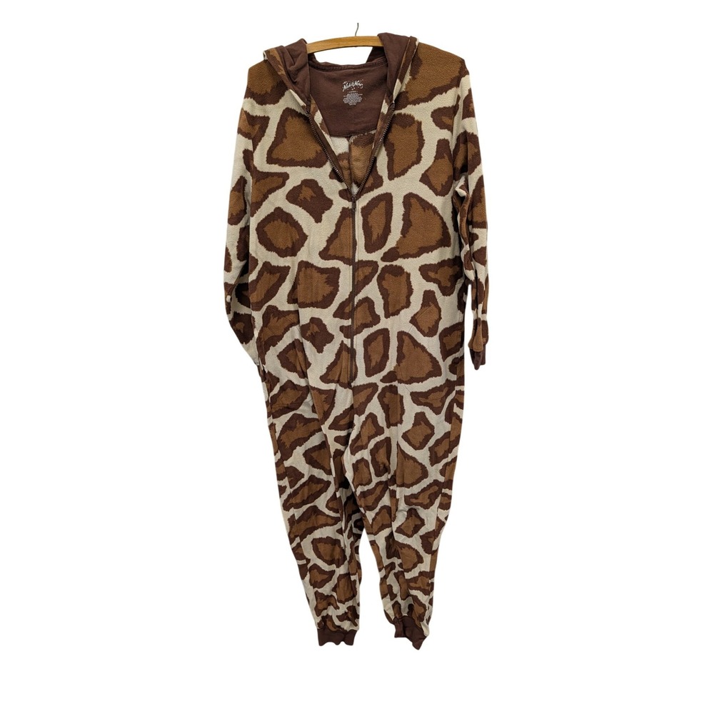Nick & Nora Giraffe Fleece Hooded One Piece Pajamas Brown Animal Print- XL